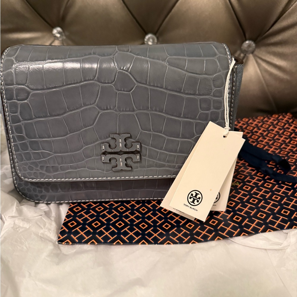 NWT Tory Burch Thea Croc Embossed Web Flap Bag - Picture 11 of 13